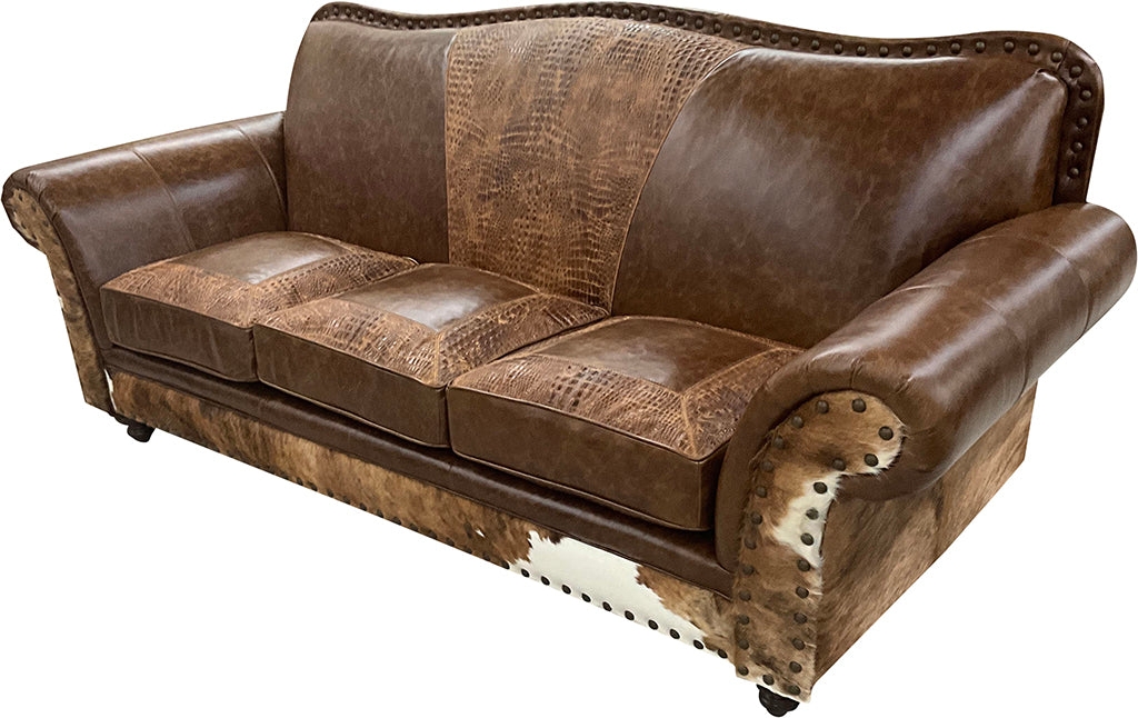 Three Seater Sofa Crocodile Embossed Panels for Rustic Lodge