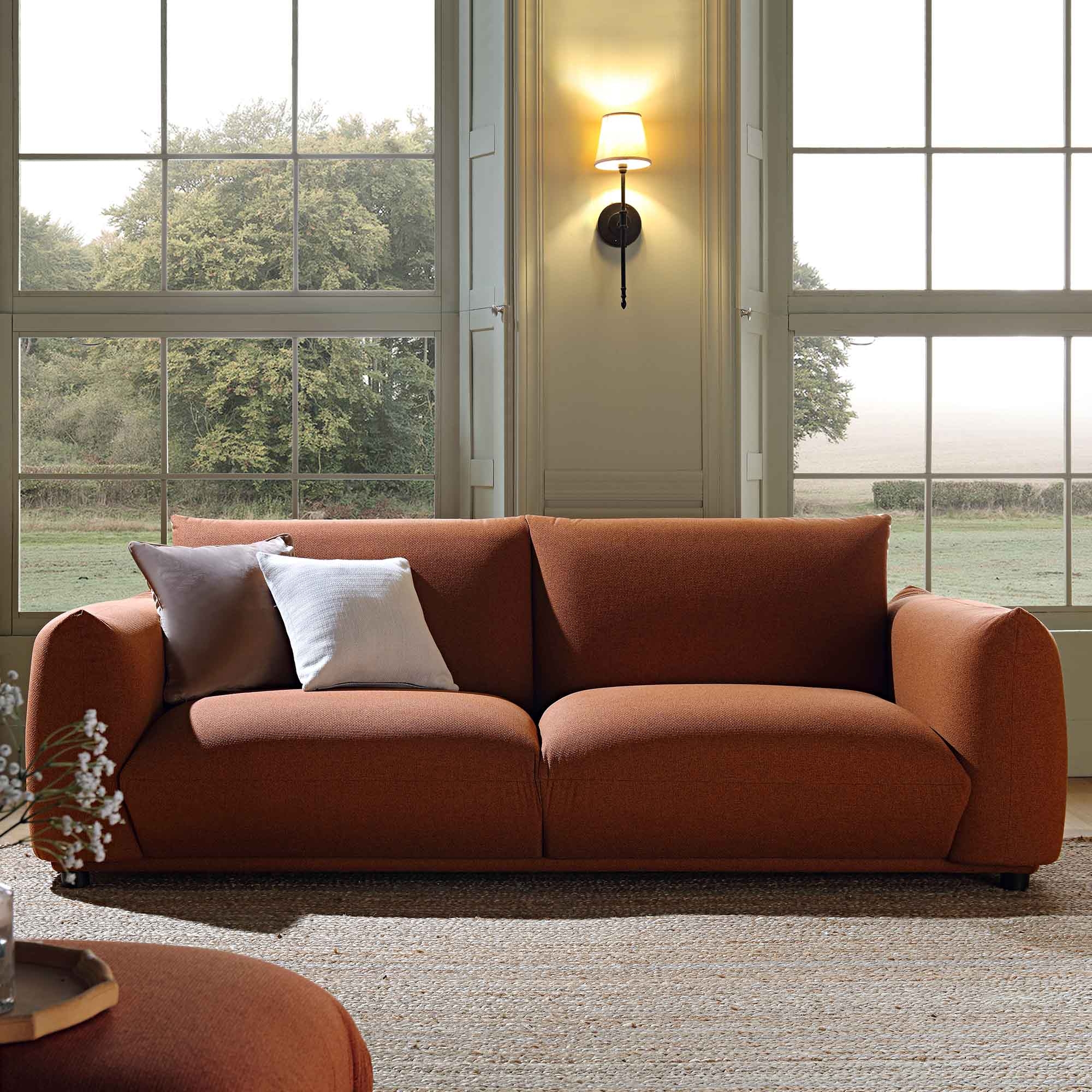 Three Seater Sofa: Rounded Profile Contemporary Earth Tone Seat