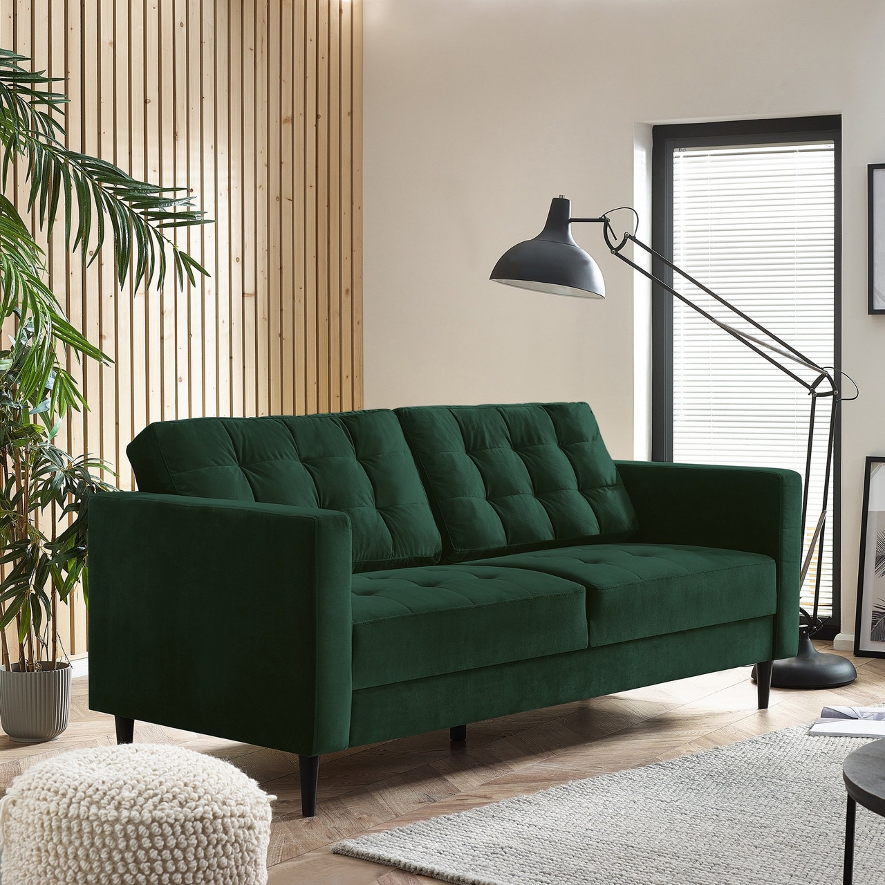 Three Seater Sofa Square Button Tufting Tapered Black