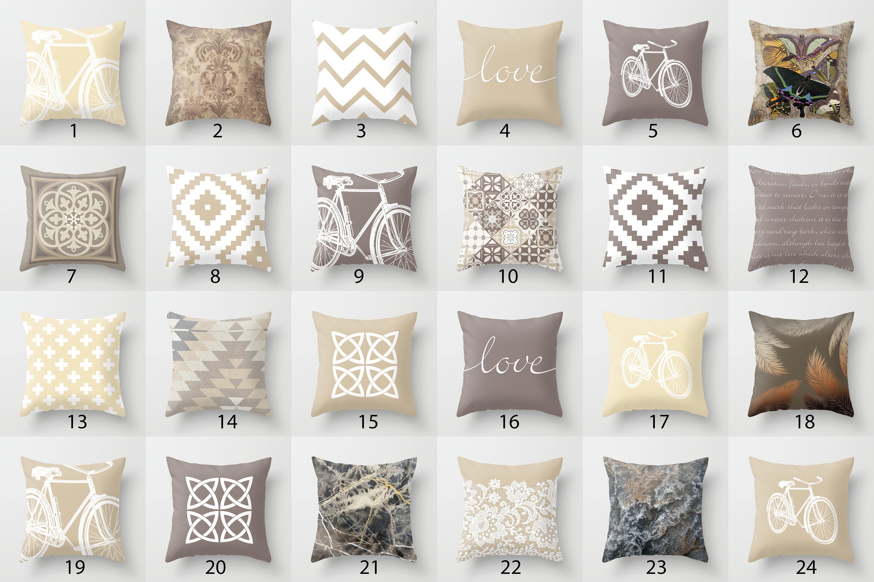 Throw Pillow Cover: Bicycle Motif Neutral Mix and Match