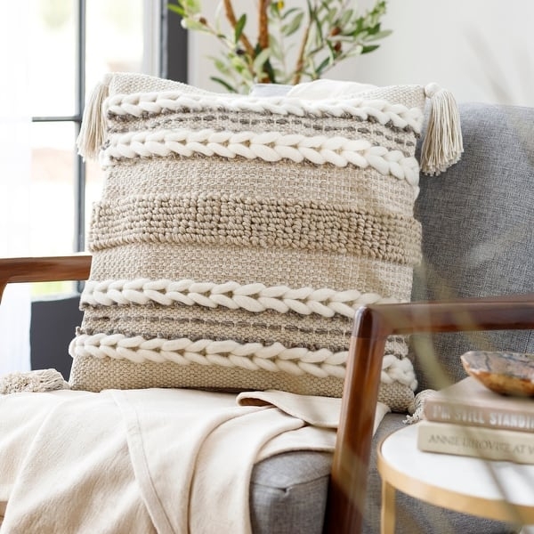 Throw Pillow Cover: Corner Tassels Chunky Braided Oatmeal