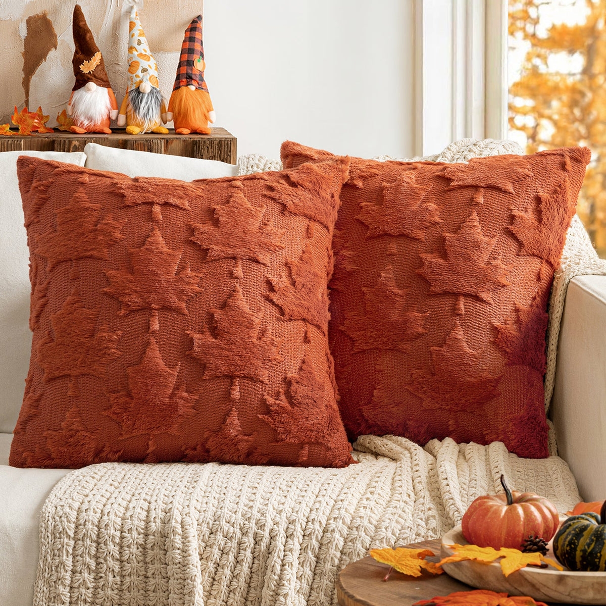 Throw Pillow Cover Maple Leaf Pattern Plush Faux Wool Decor