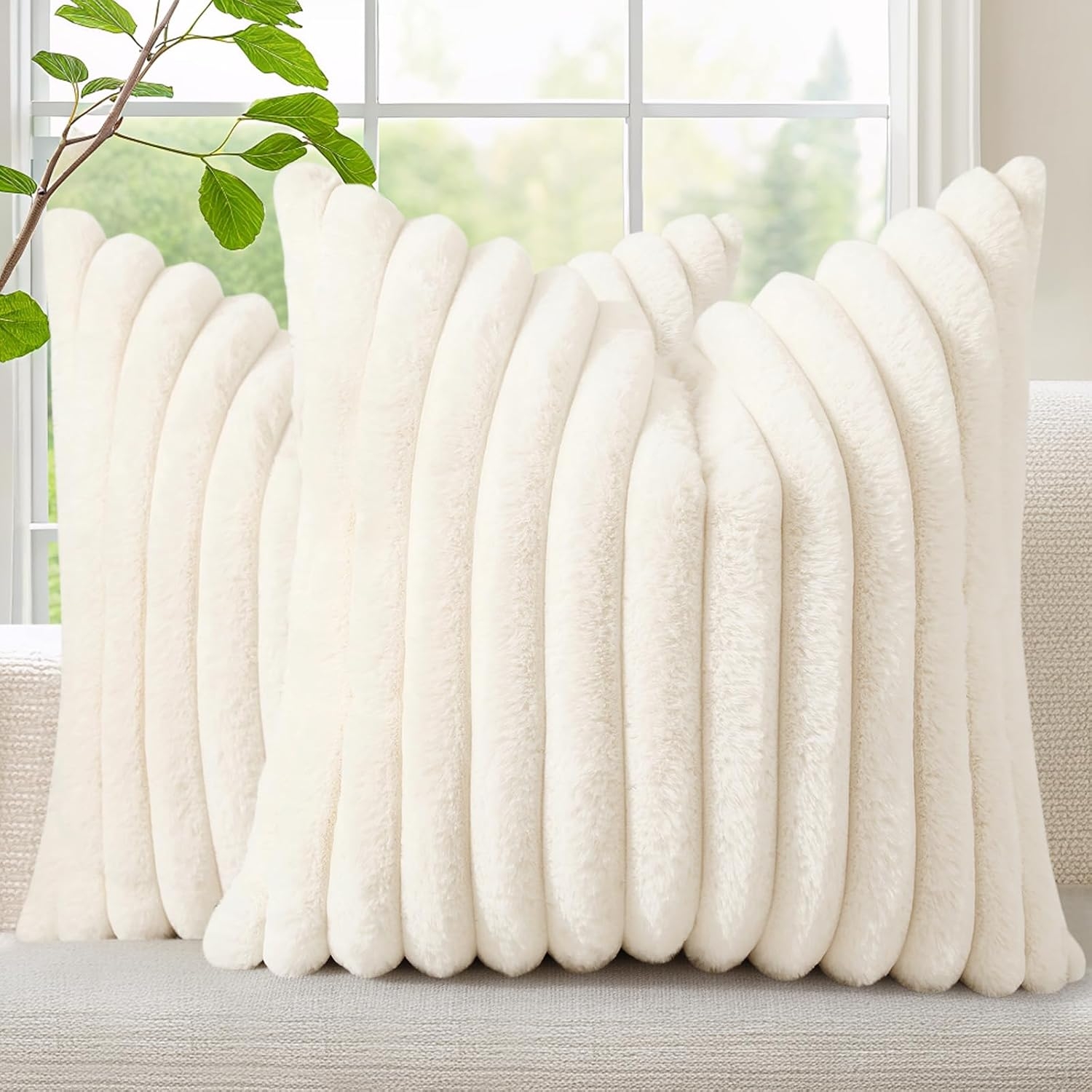 Throw Pillow Cover Ribbed Faux Fur Cream White Plush