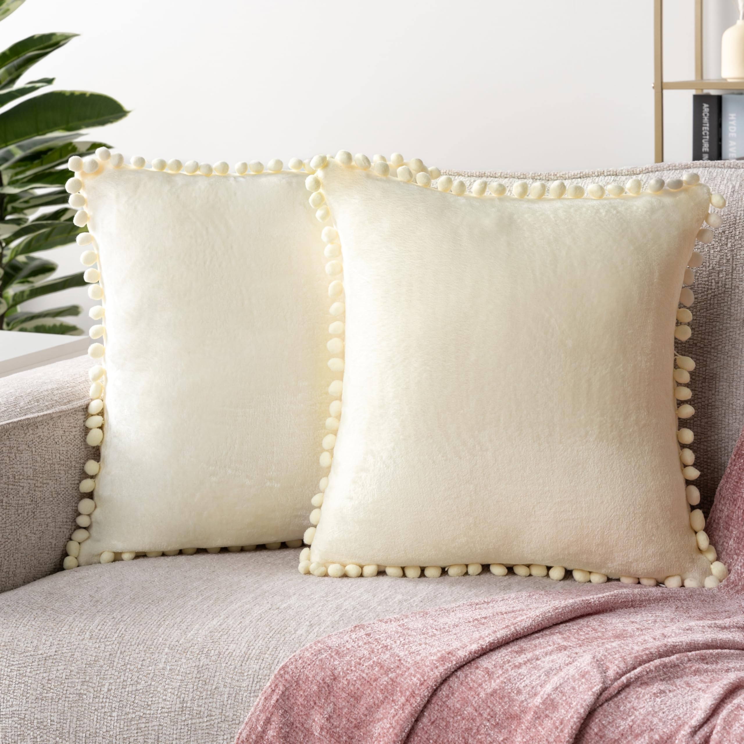 Throw Pillow Covers Pom Pom Trim Plush Fabric Set