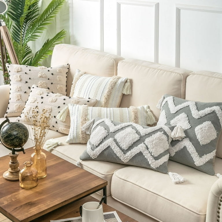 Throw Pillow Tufted Stripes Boho Lumbar with Tassels