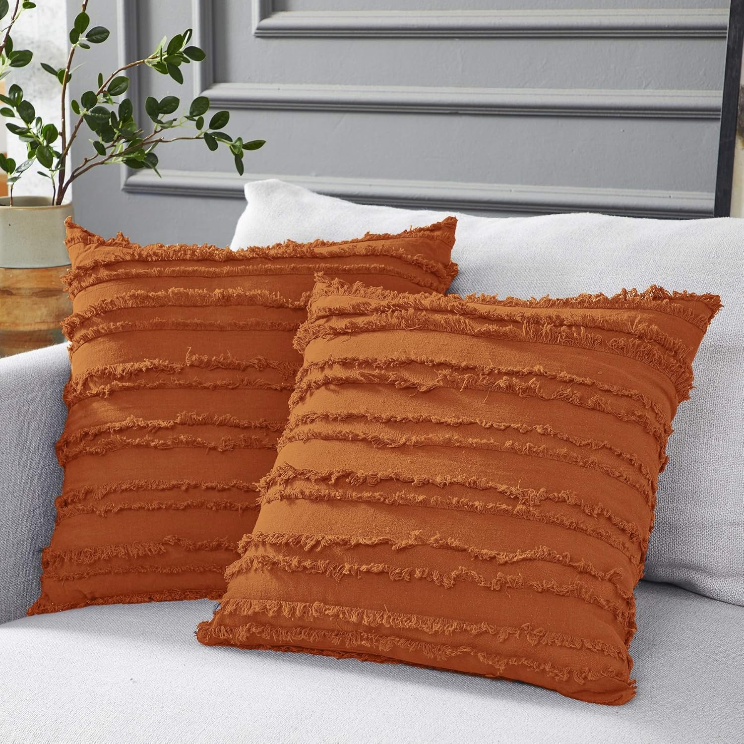 Throw Pillows Horizontal Fringe Rows Rust Orange Fringe