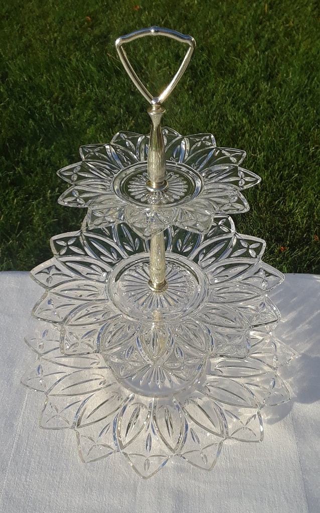 Tier Serving Tray with Silver Central Rod and Glass