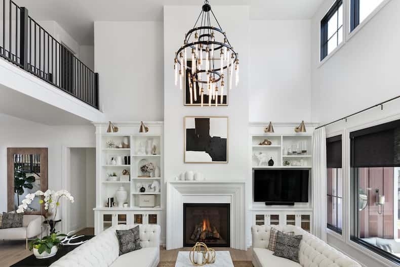 Tiered Chandelier Black Metal High Contrast Built-In Shelving