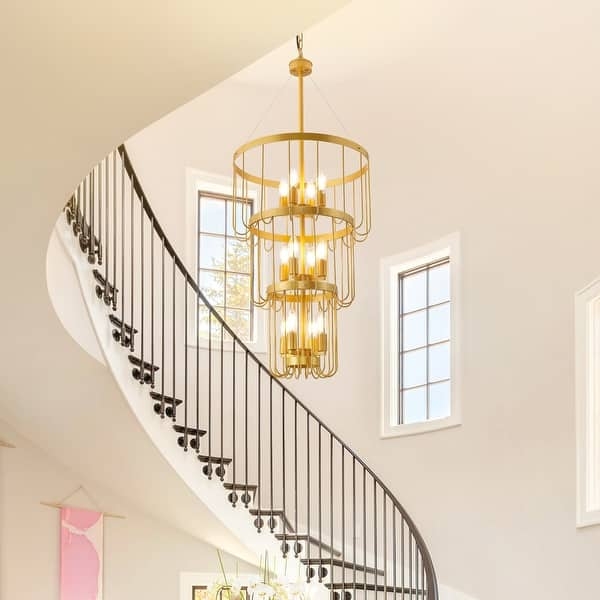 Tiered Chandelier Vertical Rod Cage Brushed Gold 3-Tier Lantern Light