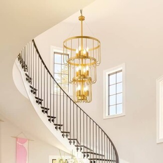 Tiered Chandelier Vertical Rod Cage Brushed Gold 3-Tier Lantern Light