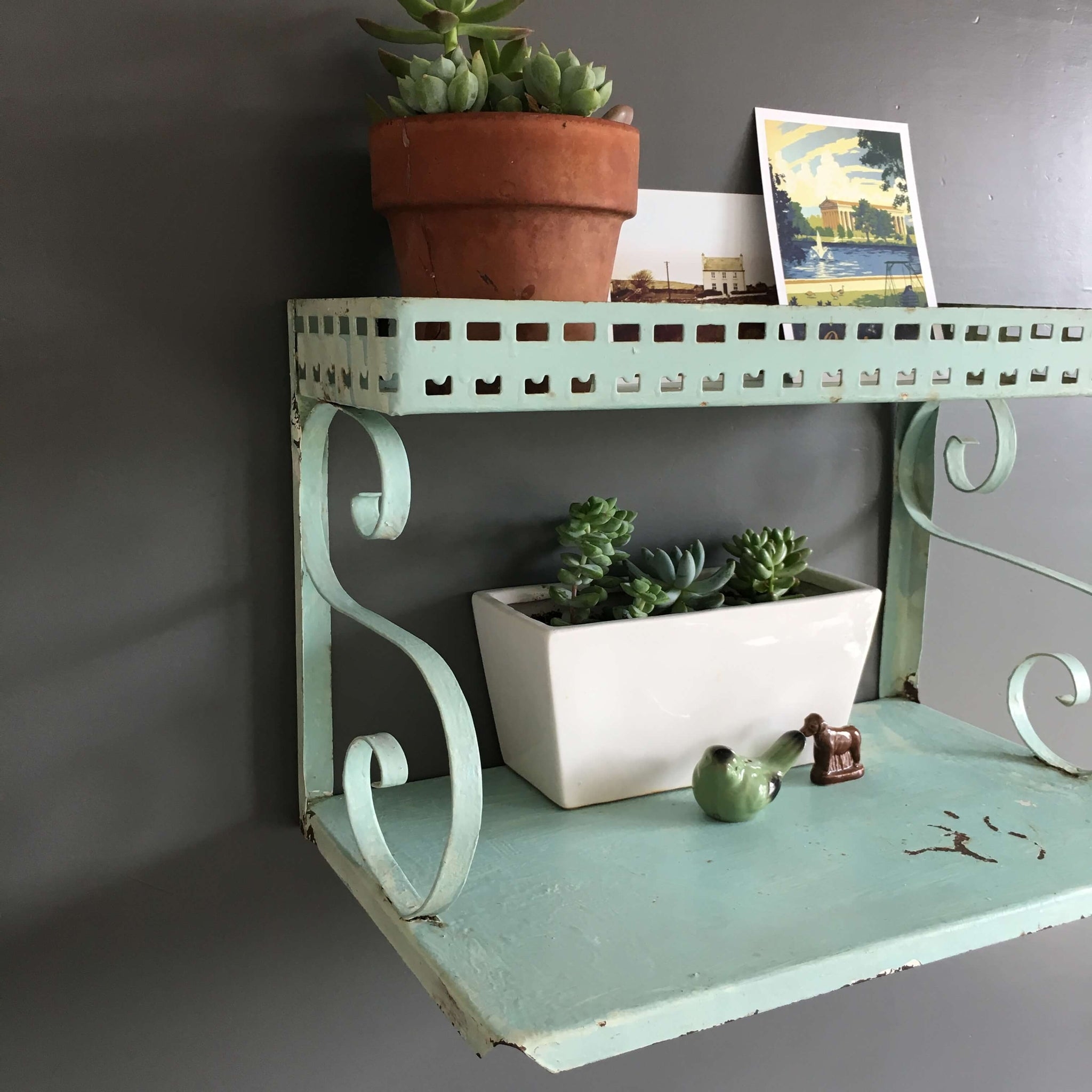 Tiered Wall Shelf with Mint Green Finish and Scrollwork Decor