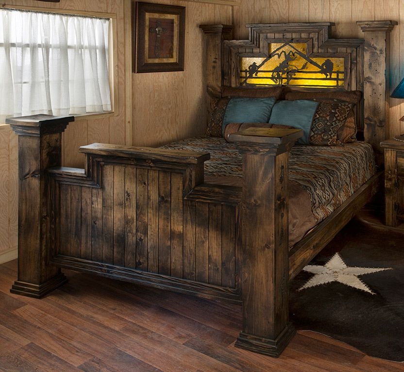 Timber Bed with Backlit Western Headboard and Cowboy Decor