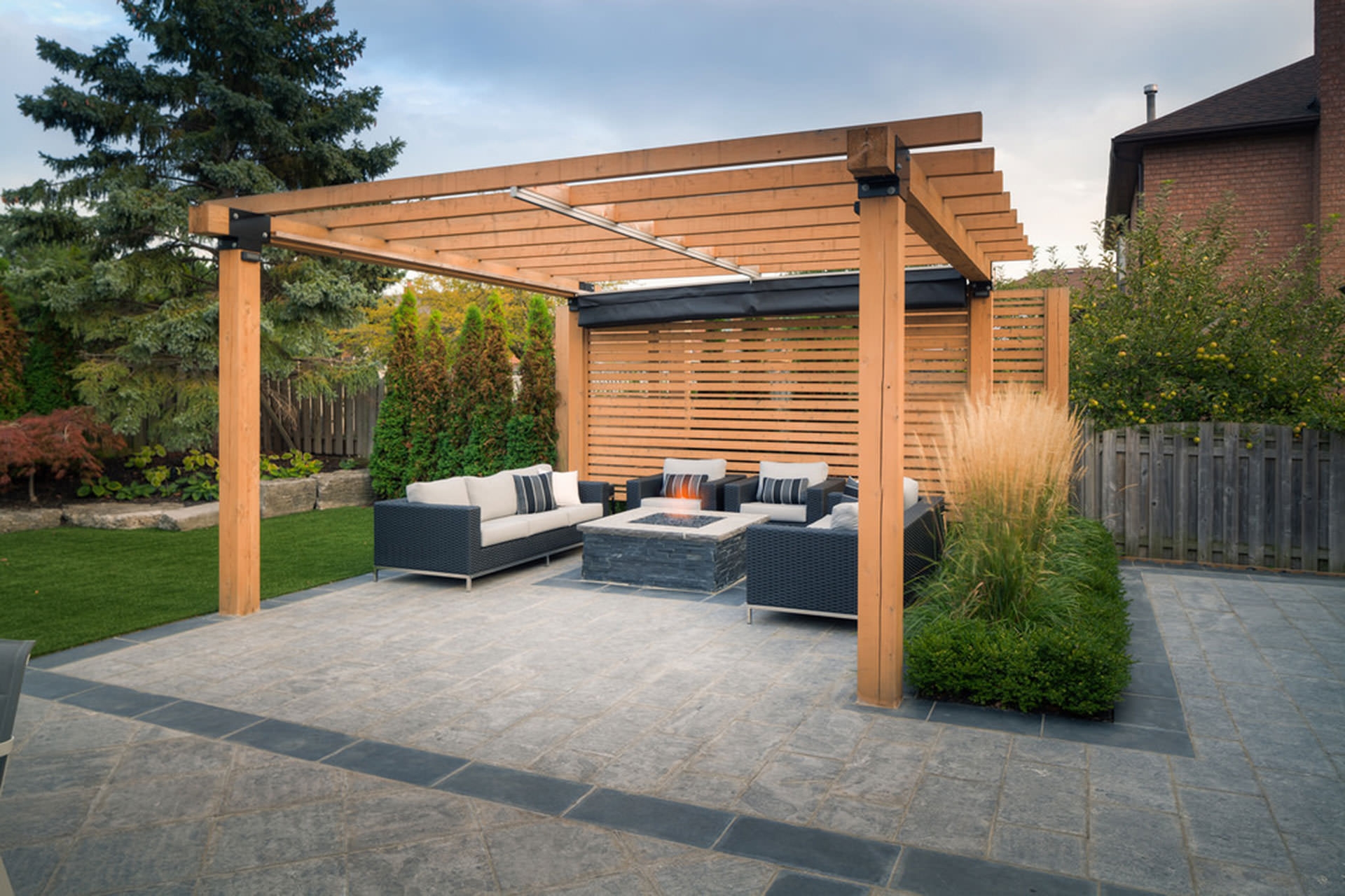 Timber Pergola Slatted Privacy Wall and Retractable Canopy