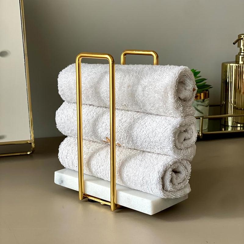 Towel Holder with Stone-Like Base and Gold Wire Towel Stand