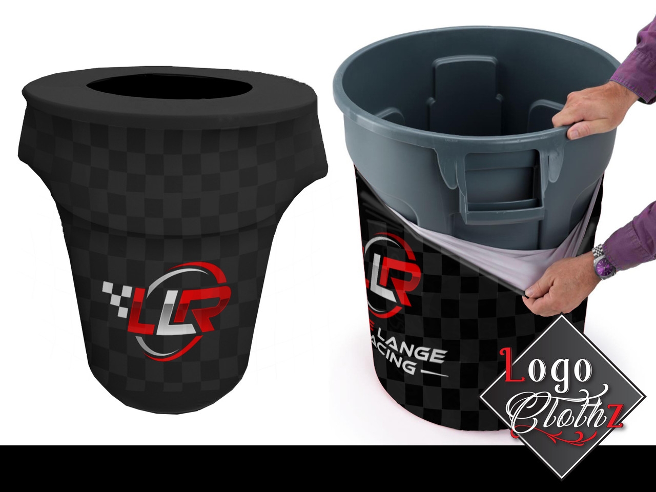 Trash Can Cover 44 Gallon Racing Motif Custom Printed Logo