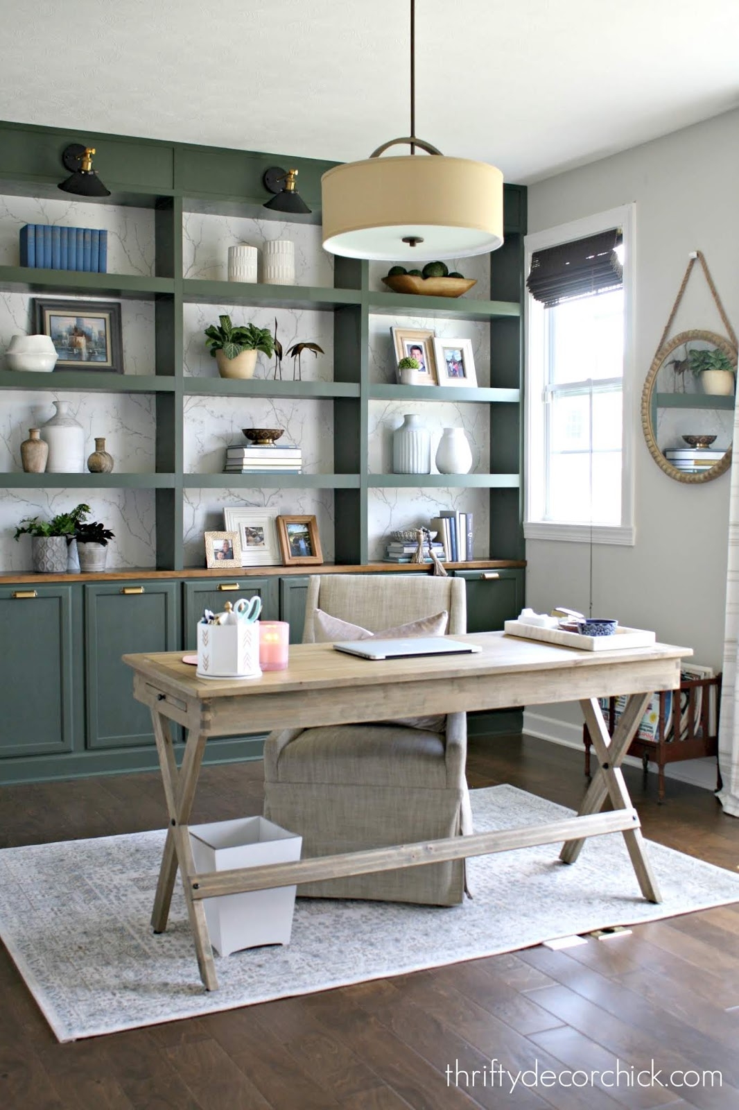 Trestle Desk: Forest Green Built-Ins for Transitional Study Decor