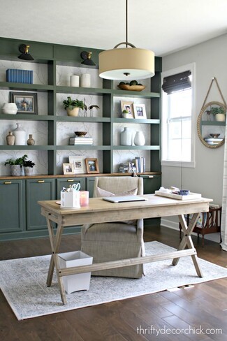 Trestle Desk: Forest Green Built-Ins for Transitional Study Decor