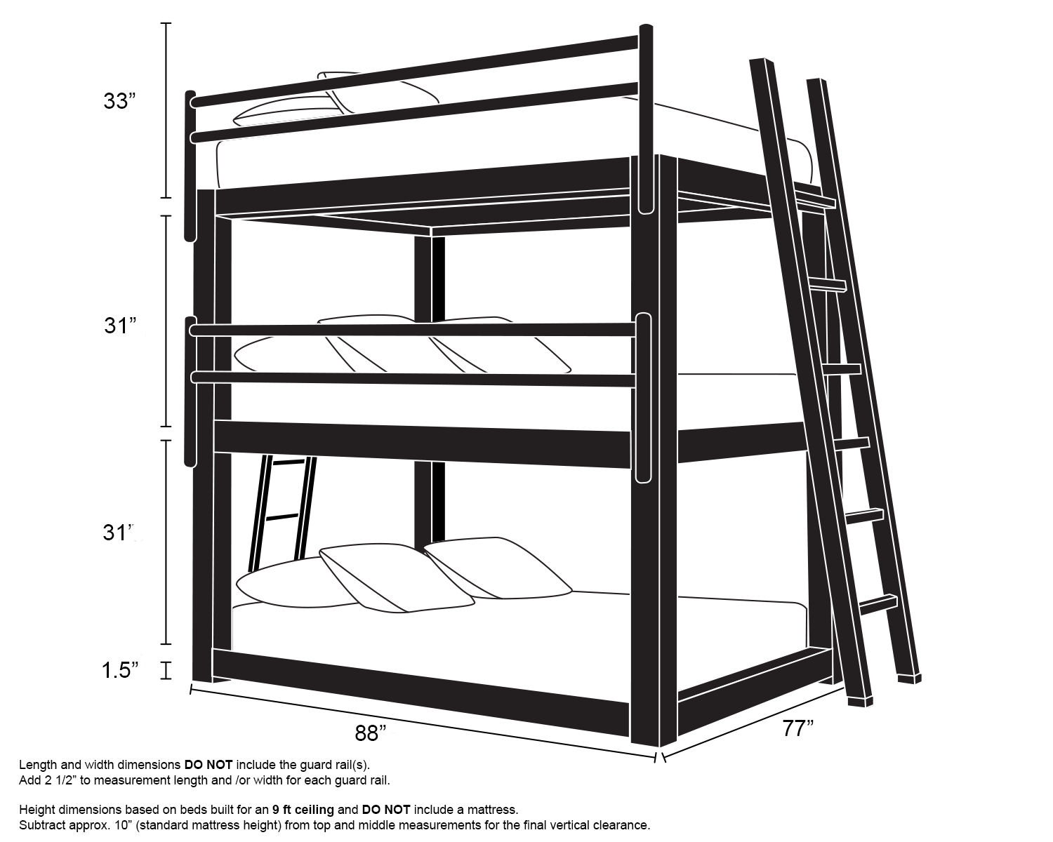 Triple Bunk Bed: King Three Tier with Dual Access Ladders
