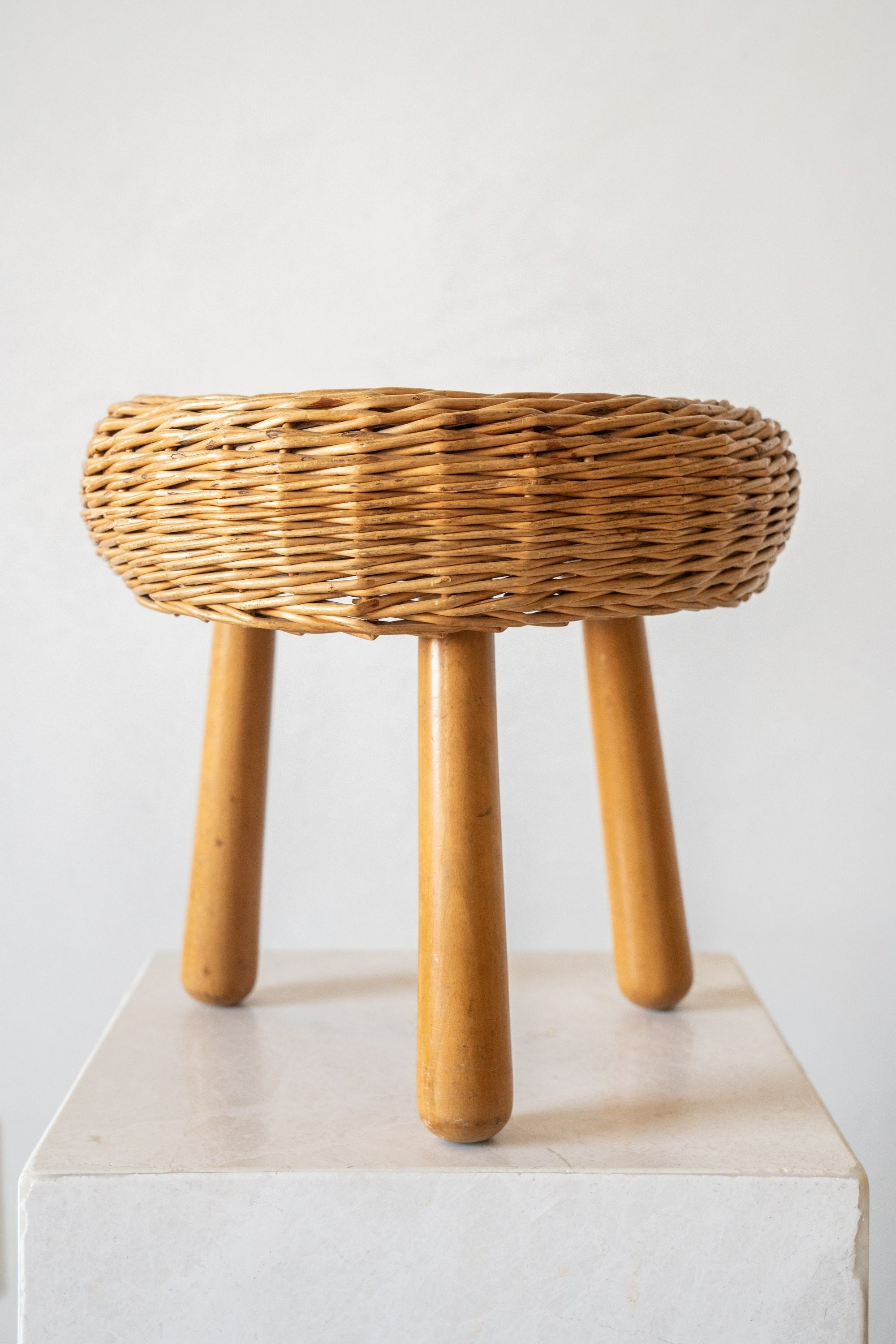 Tripod Stool Thick Torus Shape Woven Wicker and Wood
