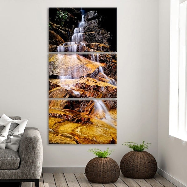 Triptych Canvas Vertical Waterfall with Golden Rock Imagery Print