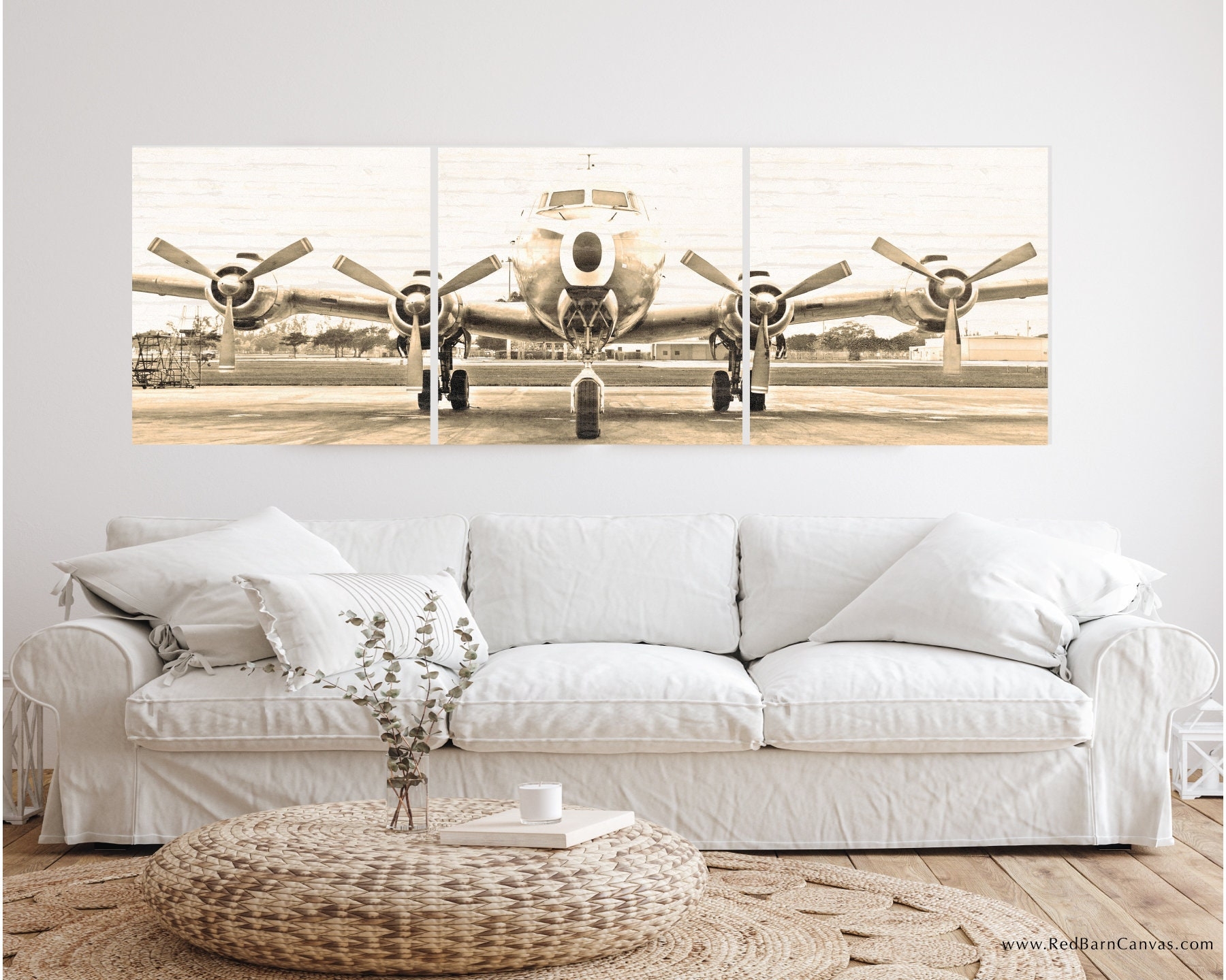 Triptych Wall Art Beige Large 3 Panel Airplane Photo