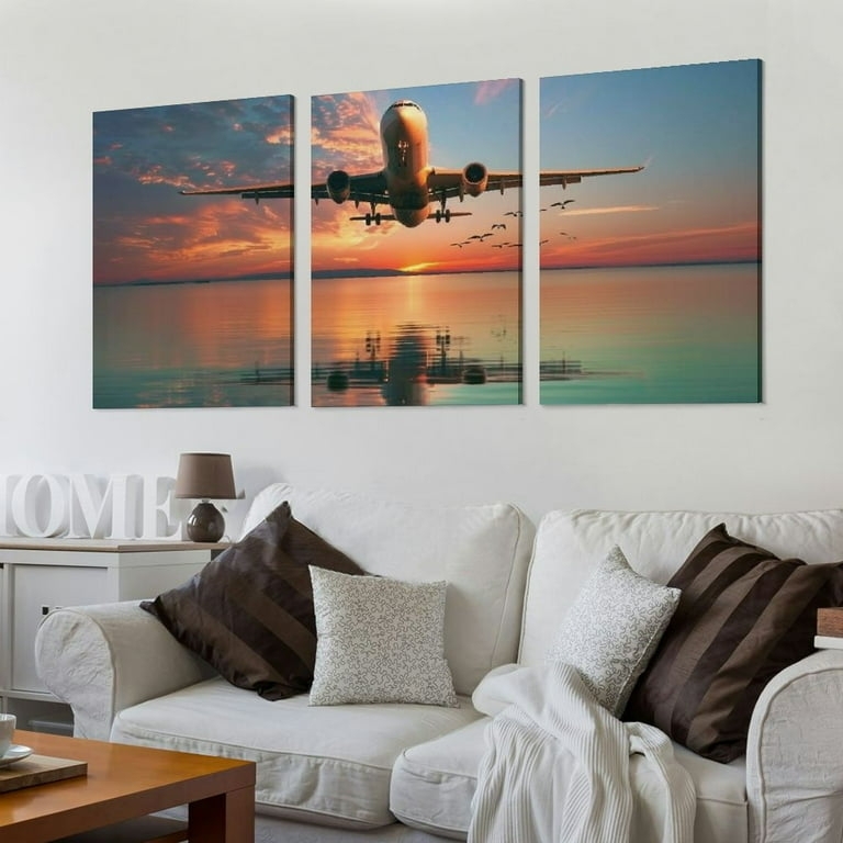 Triptych Wall Art Landscape Reflection Airplane Canvas Triptych