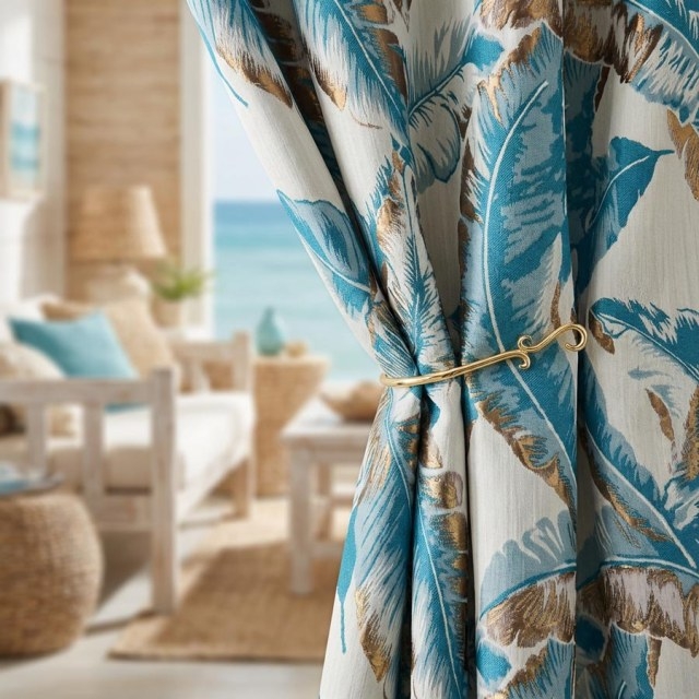 Tropical Curtains Scroll Tieback Teal Banana Leaf Curtains