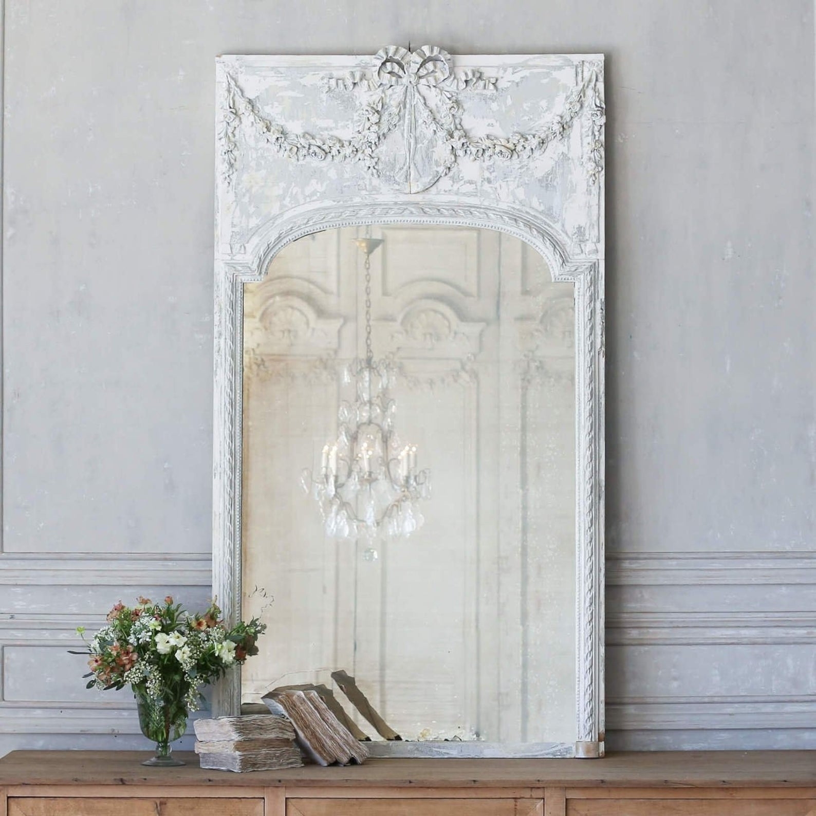 Trumeau Mirror Floral Garland Carving Distressed White Mirror