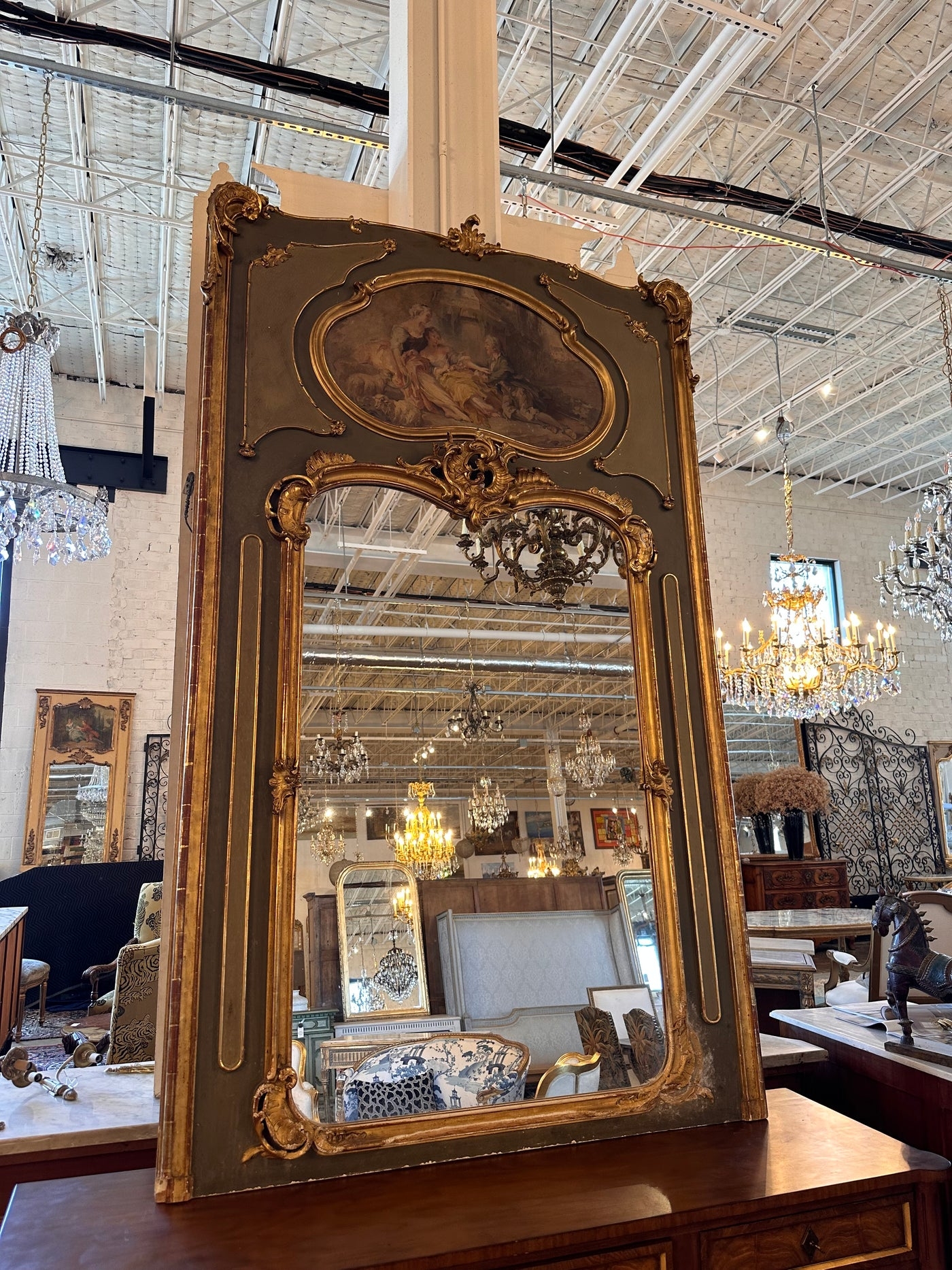Trumeau Mirror Pastoral Scene Painting Sage Green French Decor