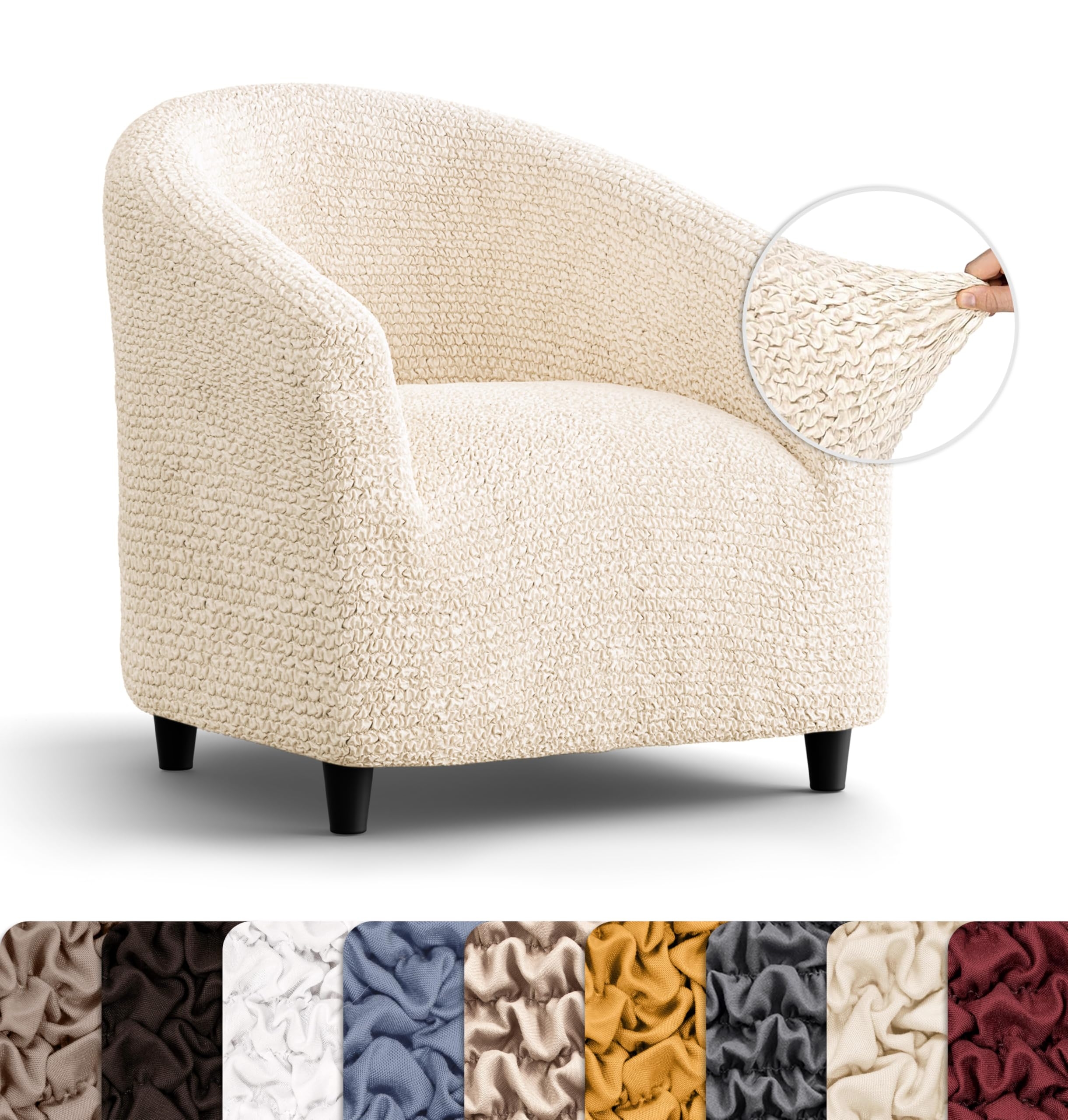 Tub Chair Slipcover with Smocked Texture in Cream Beige