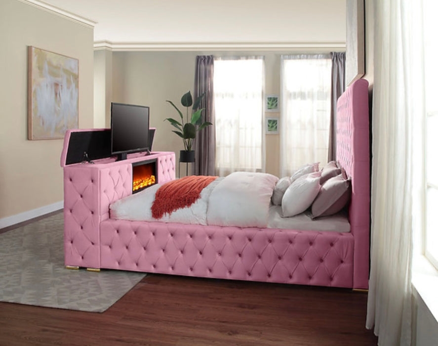 Tufted Bed Frame With Fireplace Footboard and Pink Tufted Bed