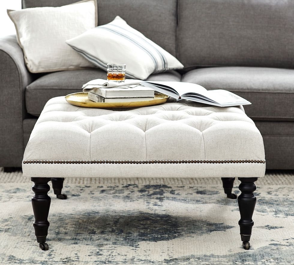 Tufted Ottoman: Cream Nailhead Table with Rolling Casters
