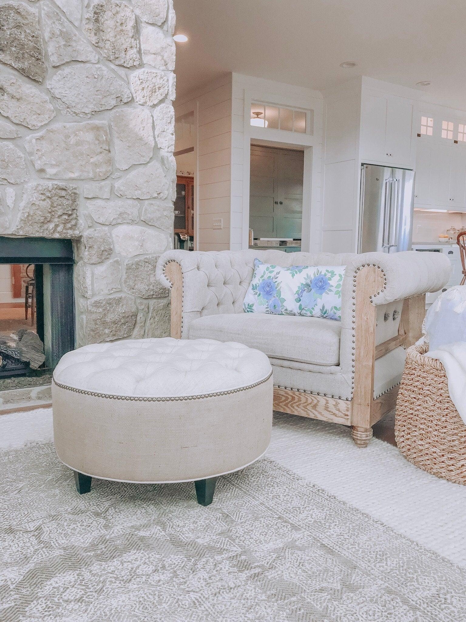 Tufted Ottoman: Round Linen and Burlap with Nailhead Trim