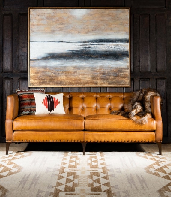 Tufted Sofa in Cognac Leather with Nailhead Trim Accents