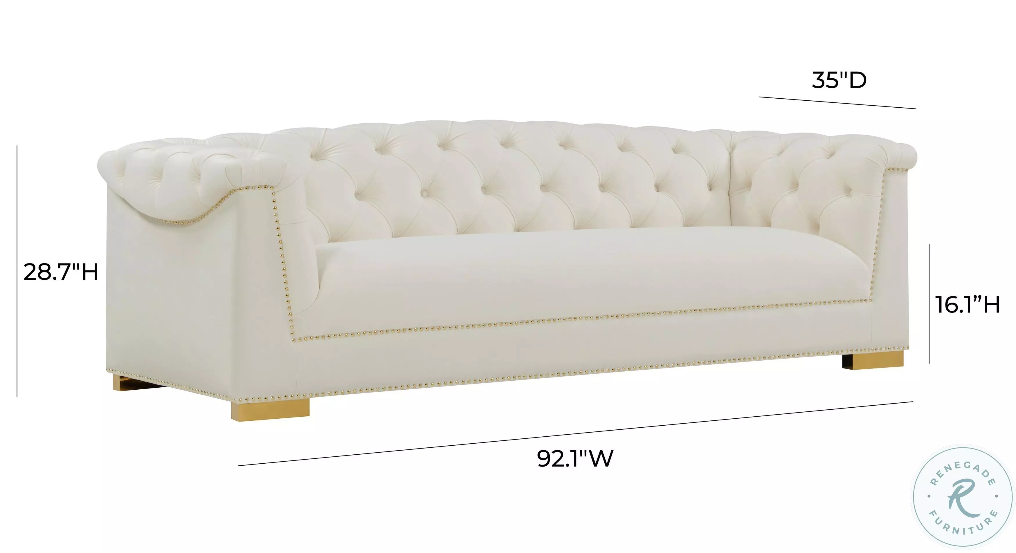 Tufted Sofa with Gold Block Feet and Cream Velvet Seating