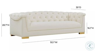 Tufted Sofa with Gold Block Feet and Cream Velvet Seating