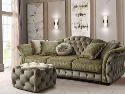 Turkish Sofa Set: Sage Green Deep Button Tufting and Ottoman