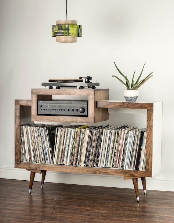 Turntable Cabinet Asymmetric Tiers Walnut and White Unit