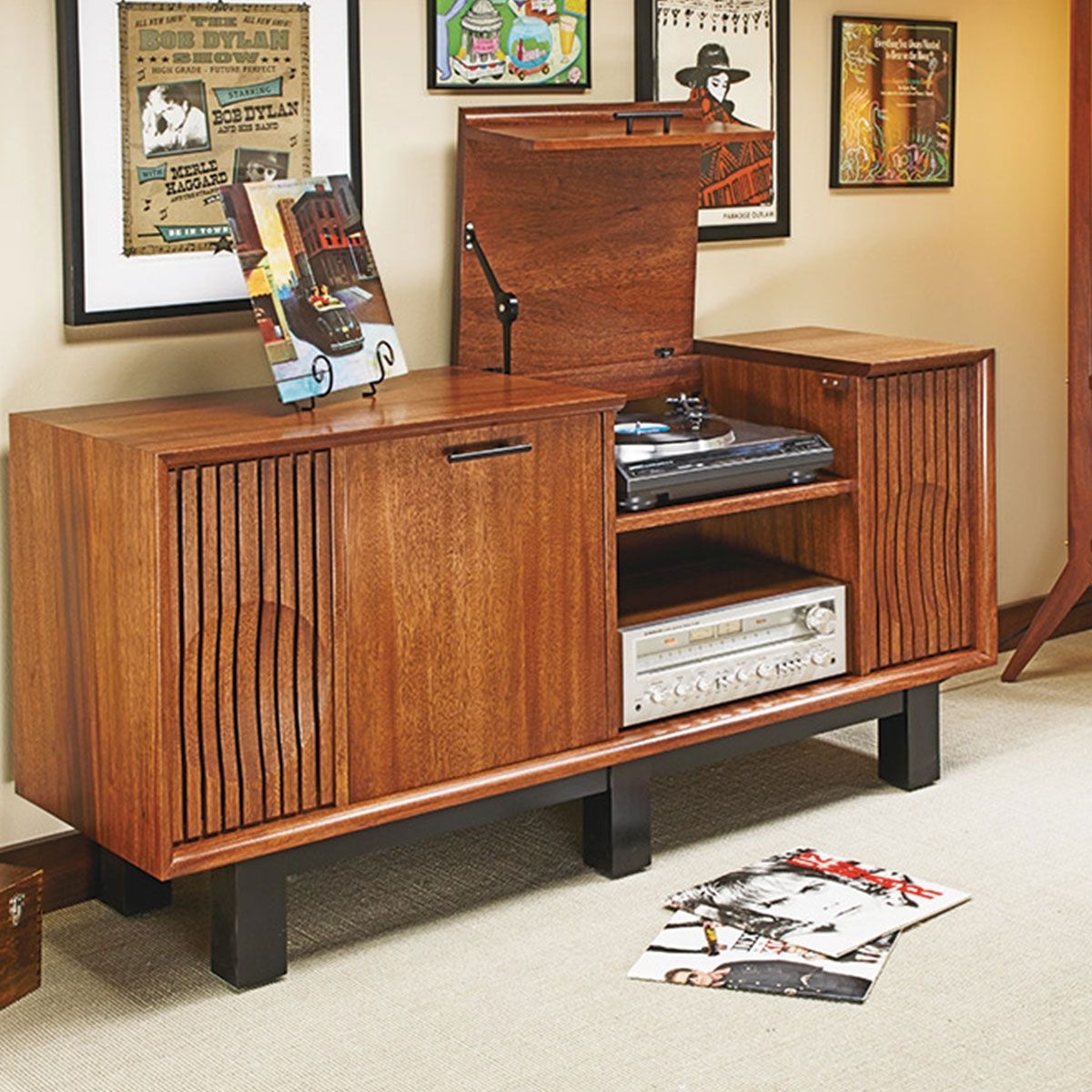 Turntable Console Slatted Doors Lift Top Record Stand