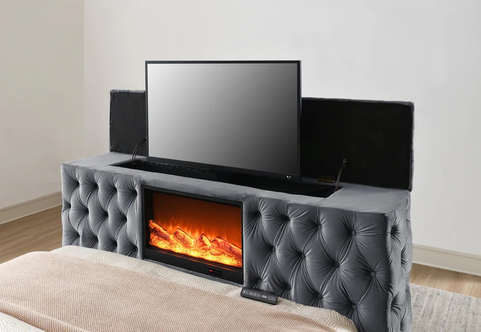 TV Bed Footboard With Hidden TV Lift and Gray Velvet TV Bed