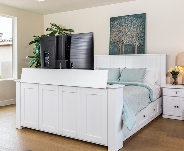 TV Bed Frame Featuring Underbed Storage Drawers and TV Lift