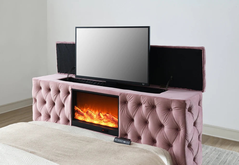 TV Bed Frame Using Pink Velvet Tufting and Pop Up TV Bed
