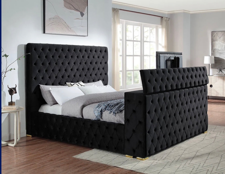 TV Bed Frame With Wingback Headboard and Luxury Pop Up TV