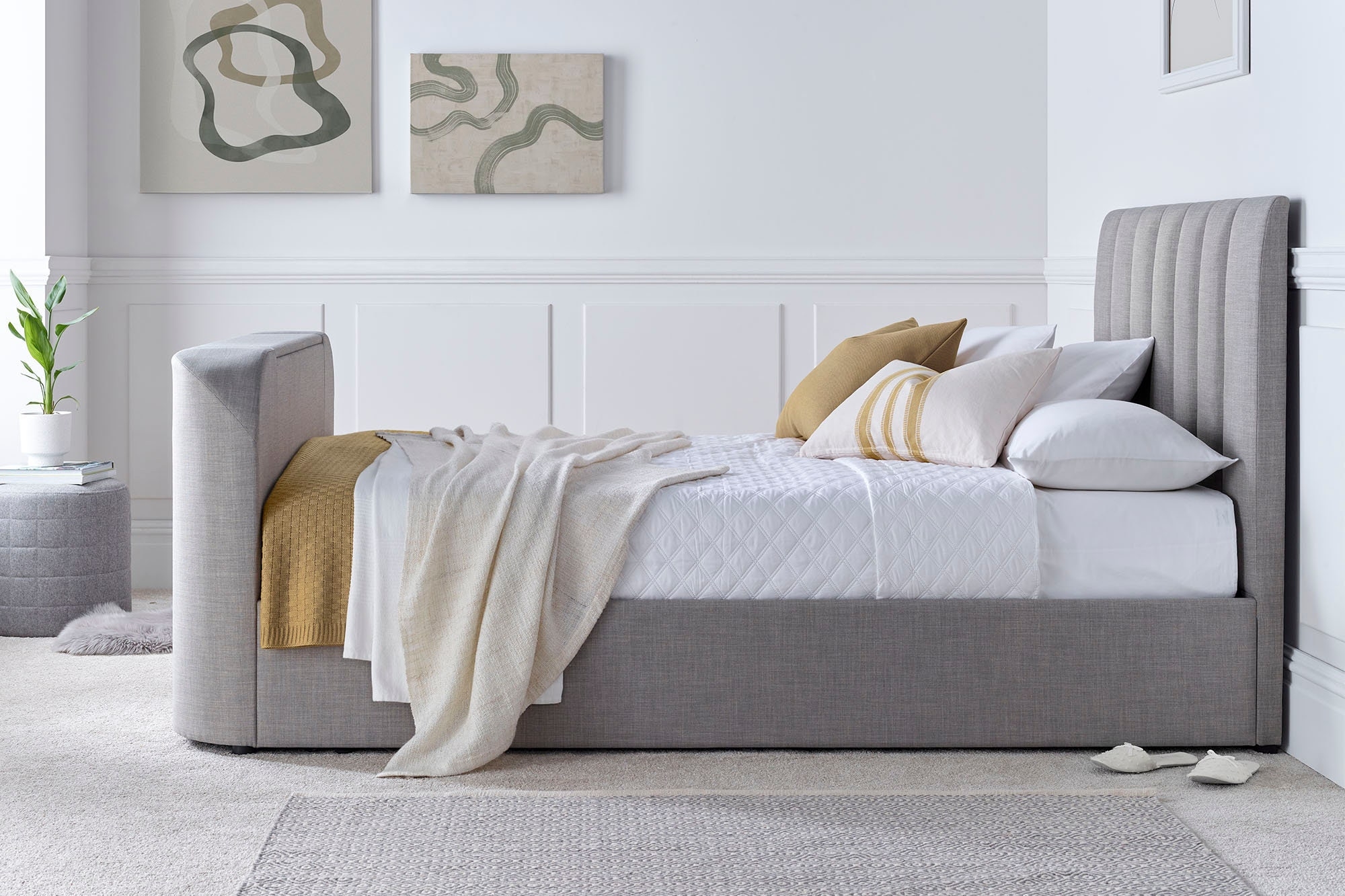 TV Bed With Mid Grey Fabric and Modern Grey Bedroom