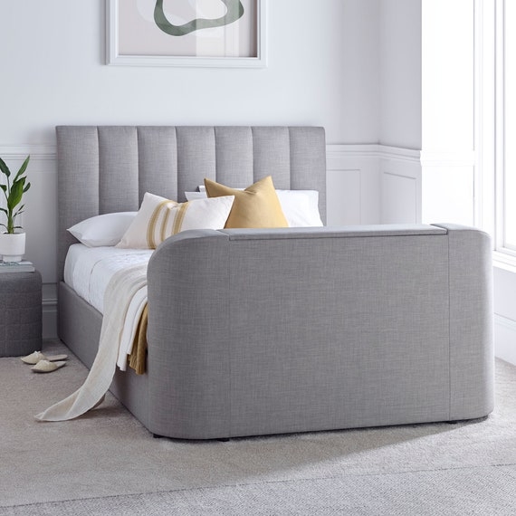 TV Bed With Vertical Channeling and Grey Upholstered TV Bed