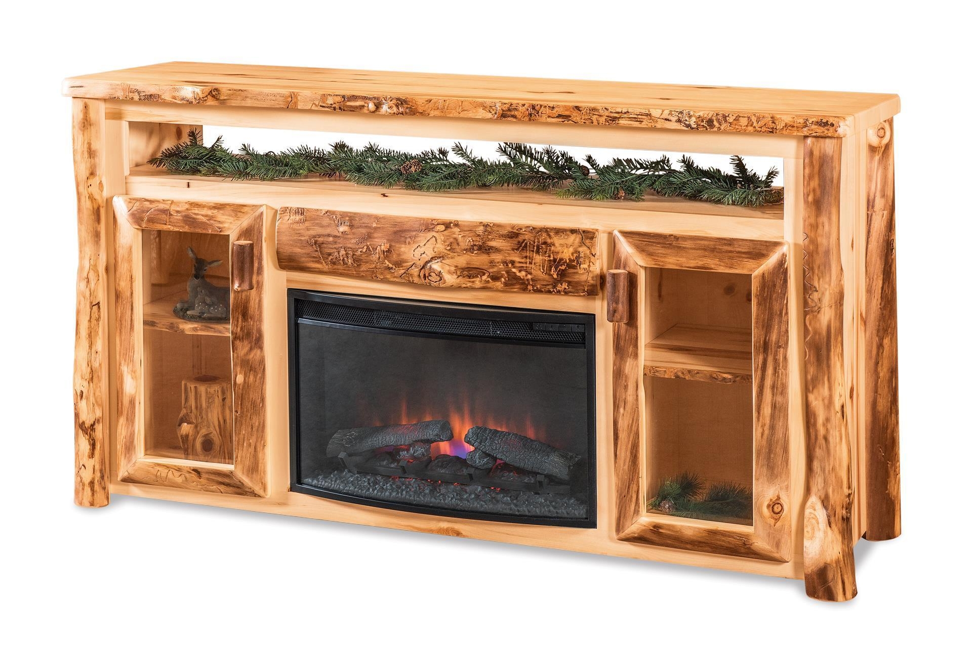 TV Console with Bark Edge Detailing and Rustic Log Cabin Pillars