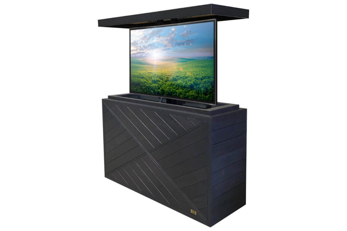 TV Lift Cabinet Black Diagonal Plank Hidden Mount Unit