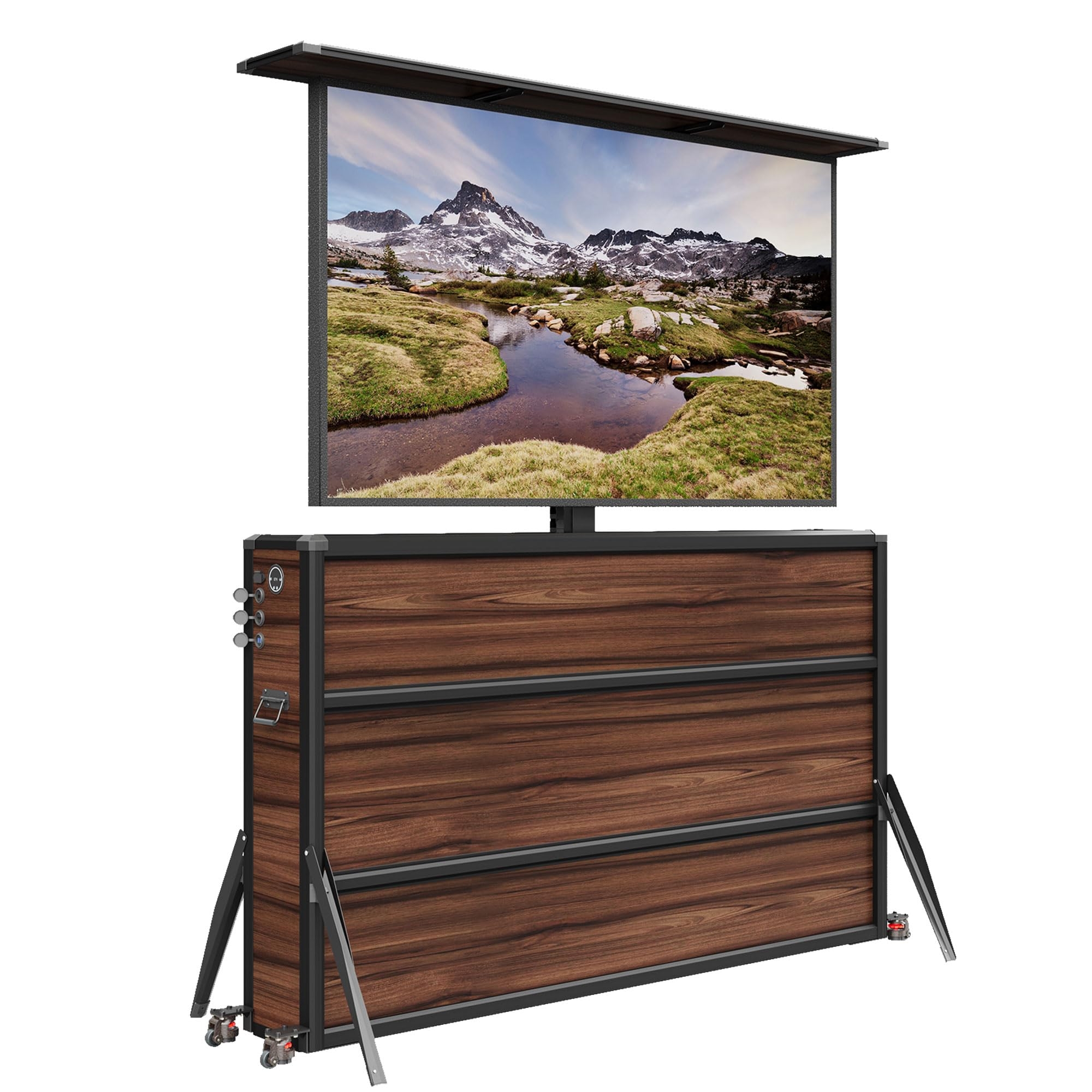 TV Lift Cabinet Featuring Walnut Finish and Stabilizing Outriggers