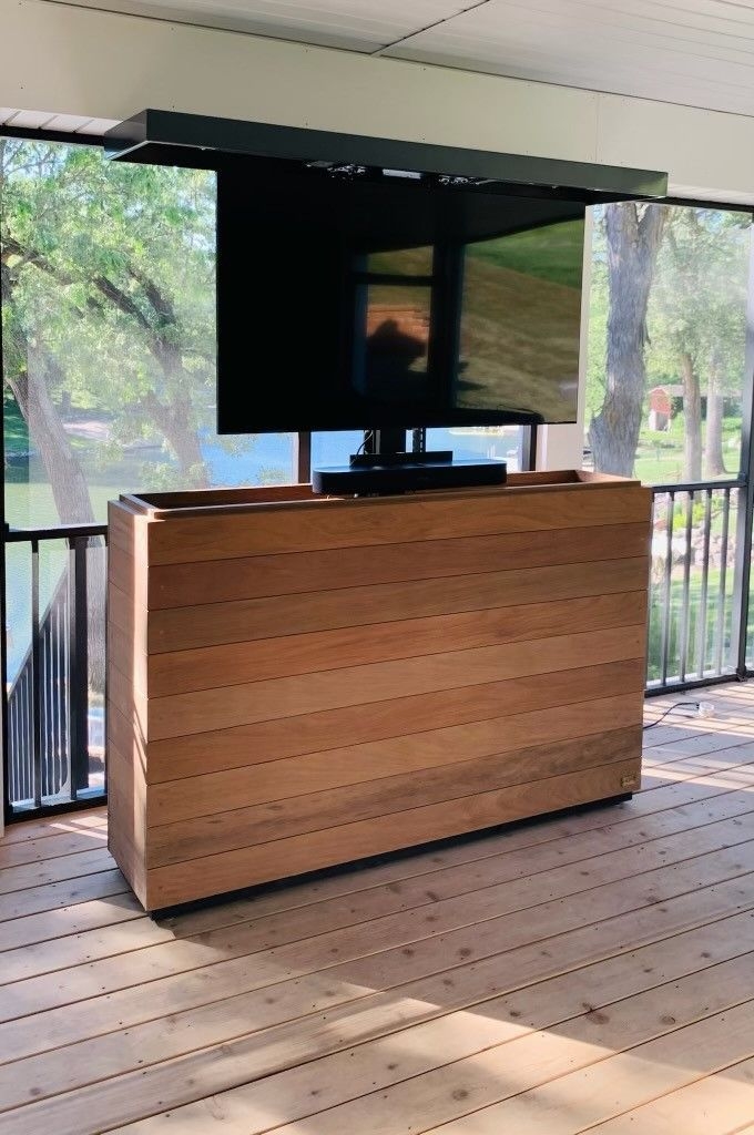 TV Lift Cabinet Honey Wood Horizontal Plank Stand Unit