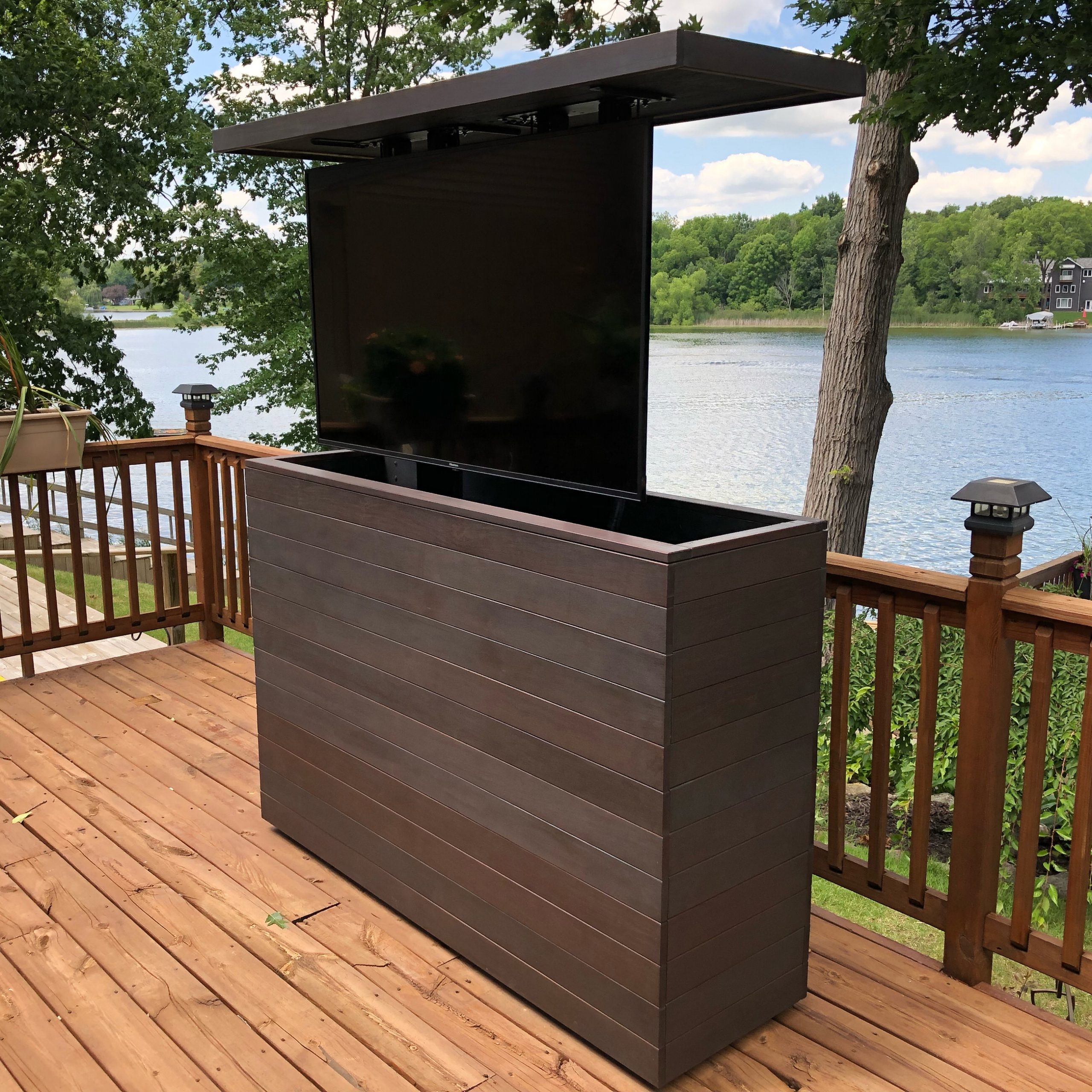 TV Lift Cabinet in Charcoal Ipe Wood for Hidden Outdoor Screens